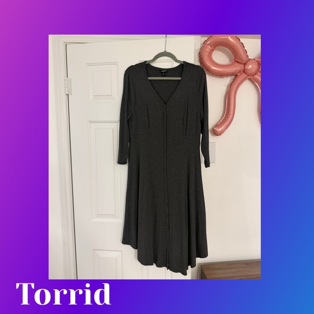 Torrid Dark Charcoal V-Neck Long Sleeve A-Line Dress